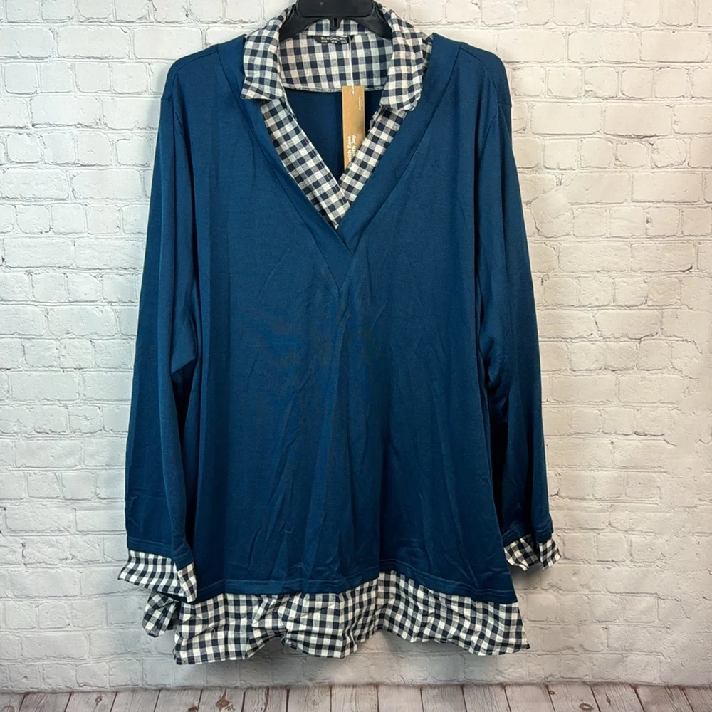 BloomChic Teal Blue And Check Pattern Layered Look Long Sleeve Top Plus 2X 6X - Picture 2 of 7
